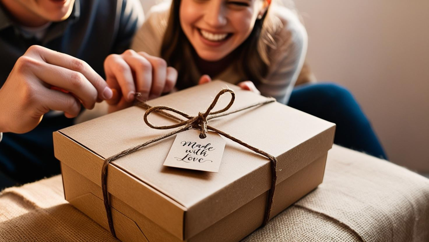 AI generated image of two people opening a gift box with a 'made with love' tag.