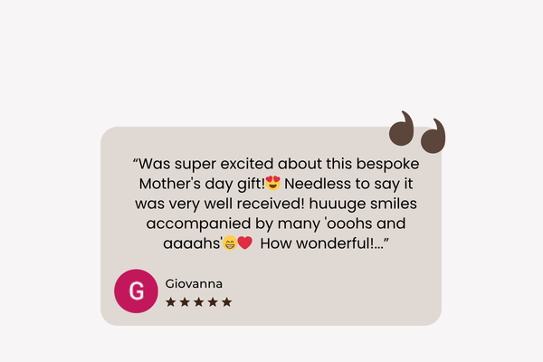 Product review card with text and a five star rating on a light background