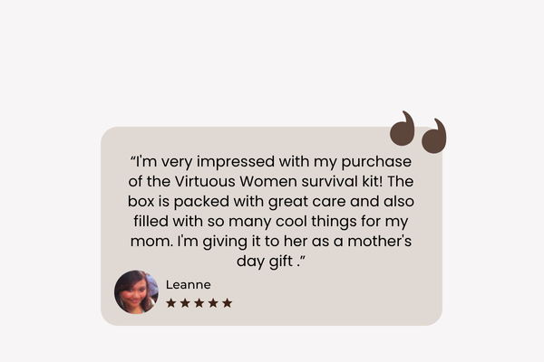 Product review card with a quote from Leanne about the Virtuous Women survival kit on a light gray background.
